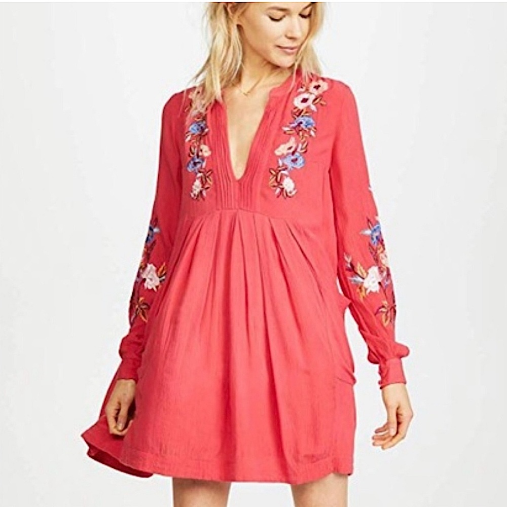 FREE PEOPLE Mia Embroidered Gauze Long Sleeve Mini Dress in Pink SZ L